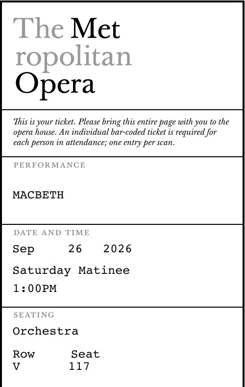 Cropped Metropolitan Opera ticket for Macbeth, Saturday matinee, September 26, 2026, Orchestra Row V Seat 117